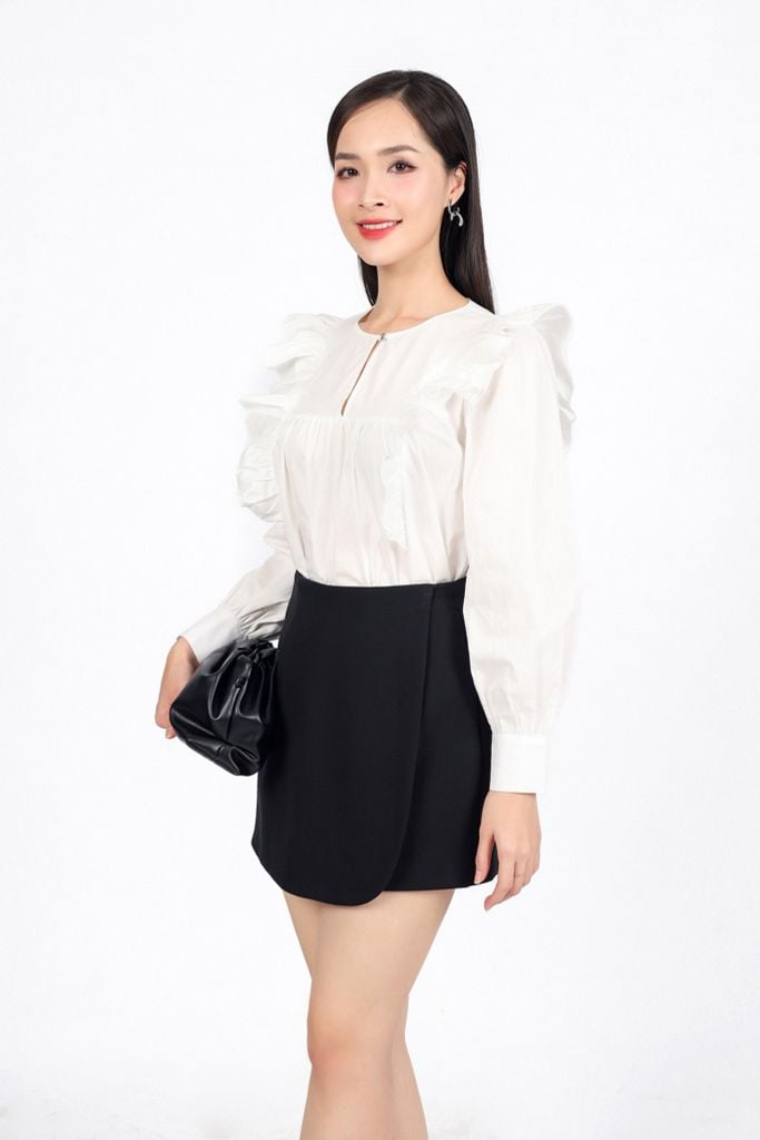 FAS33994 - Áo sơ mi công sở vải thô kate dáng suông cổ tròn tay măng sec thân áo đính viền bèo tạo kiểu - PANTIO