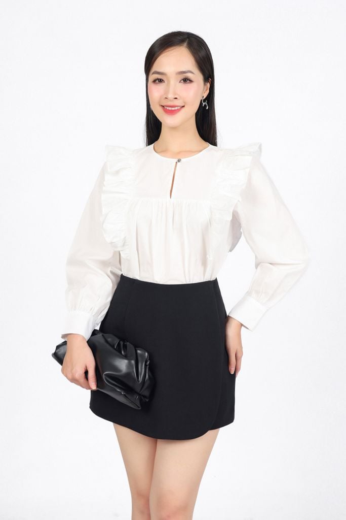 FAS33994 - Áo sơ mi công sở vải thô kate dáng suông cổ tròn tay măng sec thân áo đính viền bèo tạo kiểu - PANTIO