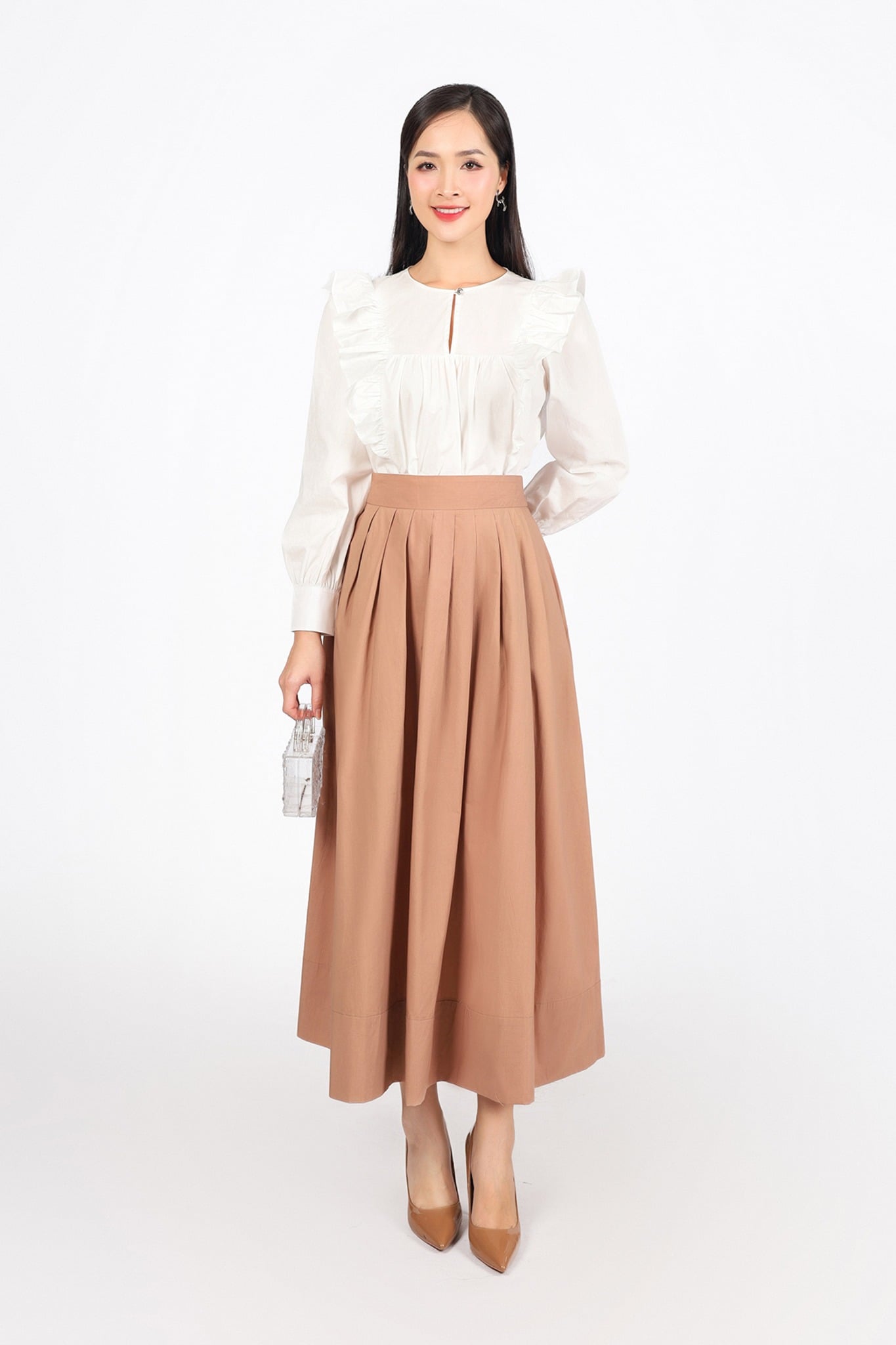 FJD51310 - Chân váy công sở vải thô kate dáng A thân váy xếp ly bong tạo xoè khóa thân sau - PANTIO