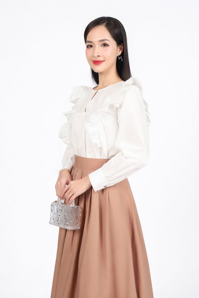 FJD51310 - Chân váy công sở vải thô kate dáng A thân váy xếp ly bong tạo xoè khóa thân sau - PANTIO