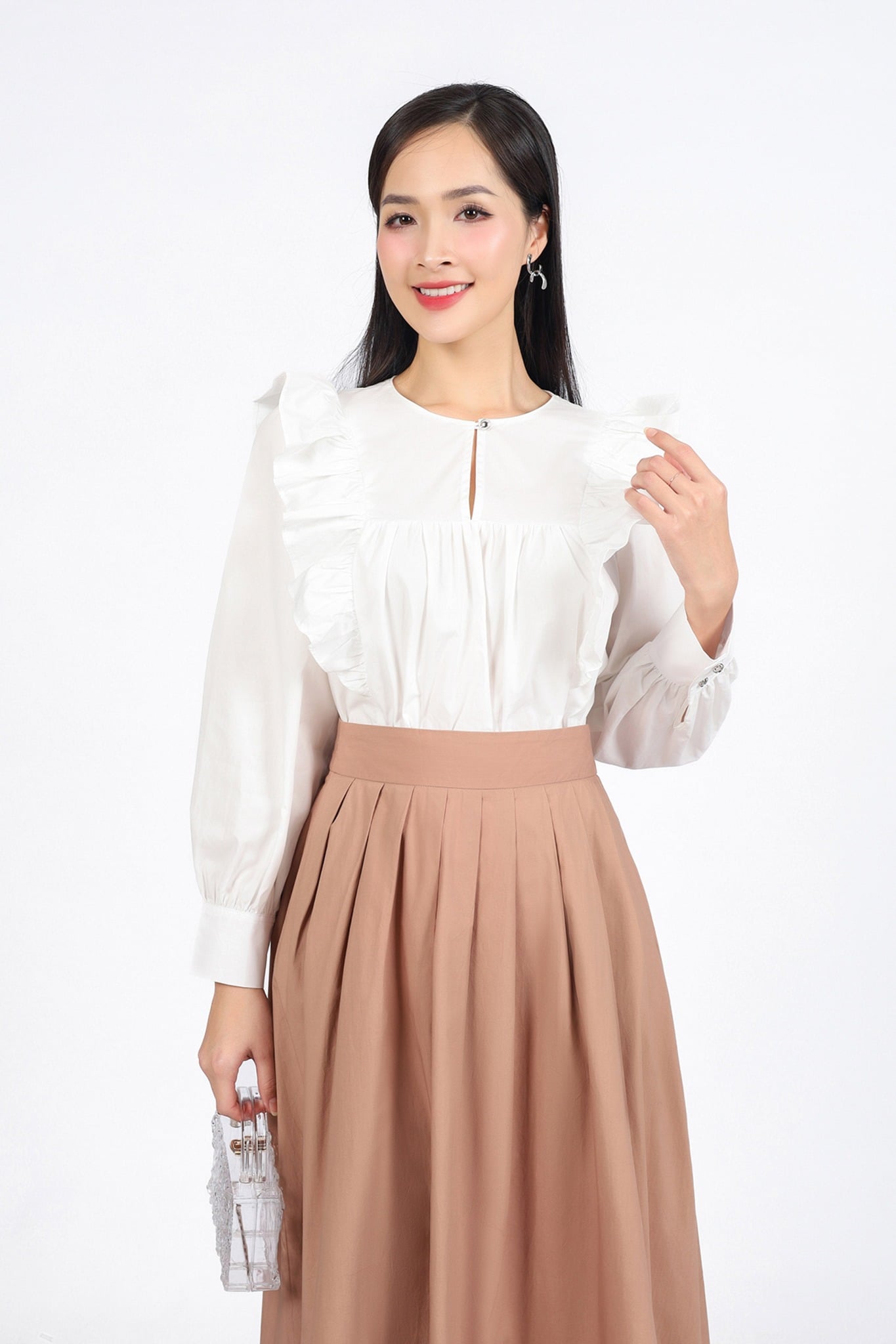 FJD51310 - Chân váy công sở vải thô kate dáng A thân váy xếp ly bong tạo xoè khóa thân sau - PANTIO