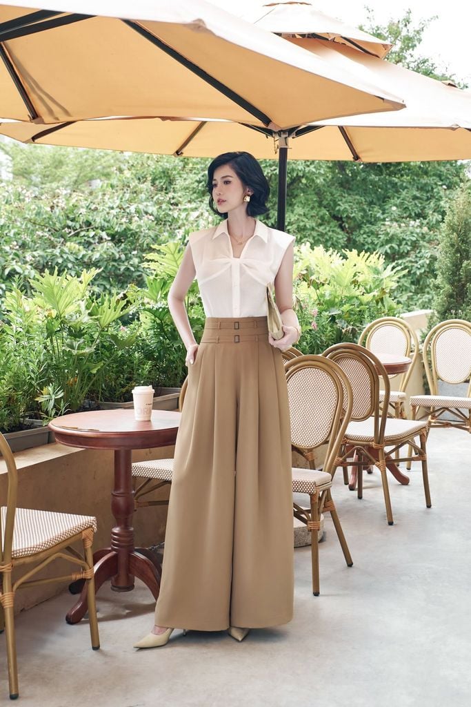 FQD51133 - Quần dài công sở vải tuytsi dáng suông ống rộng cạp cao phối kim loại - PANTIO