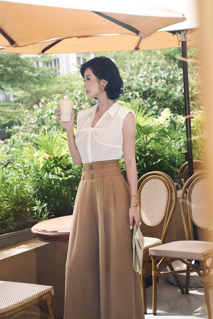 FAS34000 - Áo sơ mi công sở vải chiffon xốp dáng suông cổ xẻ V tay chờm có đệm vai - PANTIO