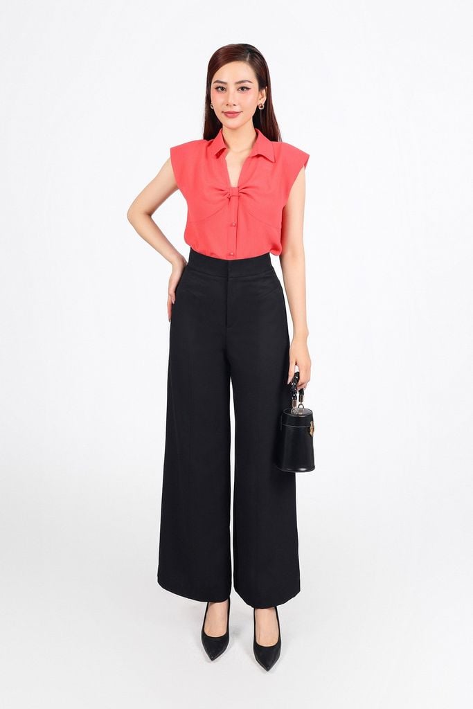 FAS34000 - Áo sơ mi công sở vải chiffon xốp dáng suông cổ xẻ V tay chờm có đệm vai - PANTIO