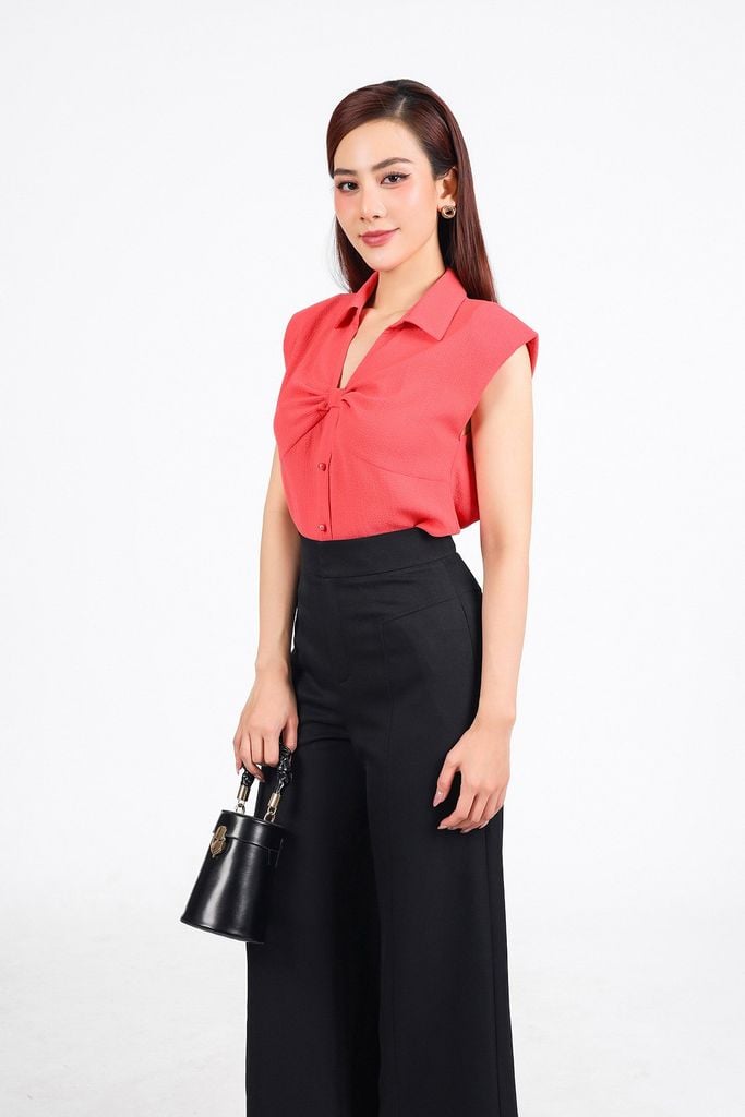 FAS34000 - Áo sơ mi công sở vải chiffon xốp dáng suông cổ xẻ V tay chờm có đệm vai - PANTIO