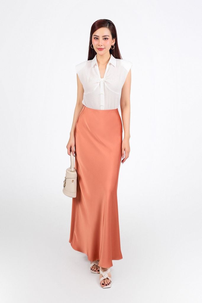 FAS34000 - Áo sơ mi công sở vải chiffon xốp dáng suông cổ xẻ V tay chờm có đệm vai - PANTIO