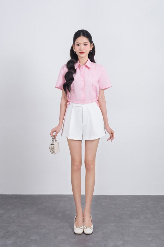 FAS34011 - Áo sơ mi vải thô kate dáng croptop cổ đức tay ngắn eo phối dây nơ thắt tạo kiểu - JAN.
