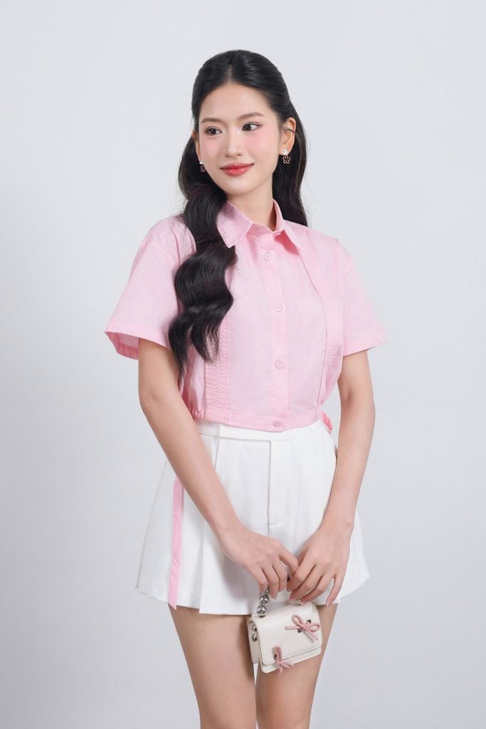FAS34011 - Áo sơ mi vải thô kate dáng croptop cổ đức tay ngắn eo phối dây nơ thắt tạo kiểu - JAN.