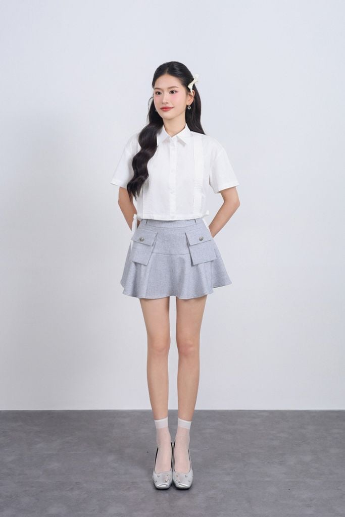 FAS34011 - Áo sơ mi vải thô kate dáng croptop cổ đức tay ngắn eo phối dây nơ thắt tạo kiểu - JAN.