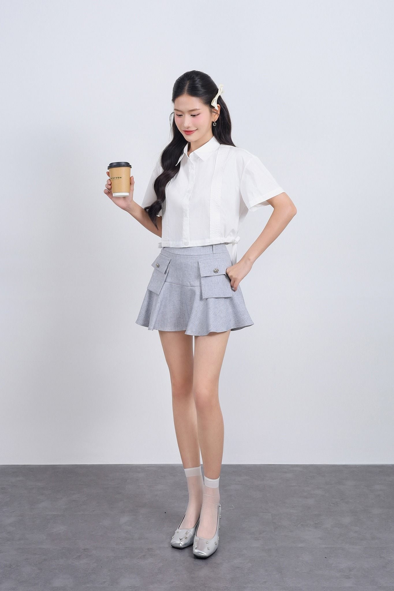 FJN5711 - Chân váy ngắn vải thô đũi dáng xoè thân váy có túi tạo kiểu khoá thân sau - JAN.