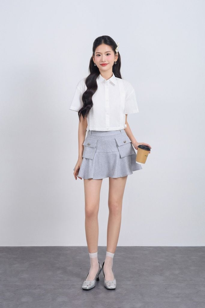 FAS34011 - Áo sơ mi vải thô kate dáng croptop cổ đức tay ngắn eo phối dây nơ thắt tạo kiểu - JAN.