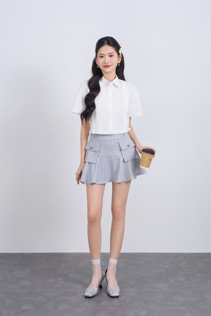 FJN5711 - Chân váy ngắn vải thô đũi dáng xoè thân váy có túi tạo kiểu khoá thân sau - JAN.