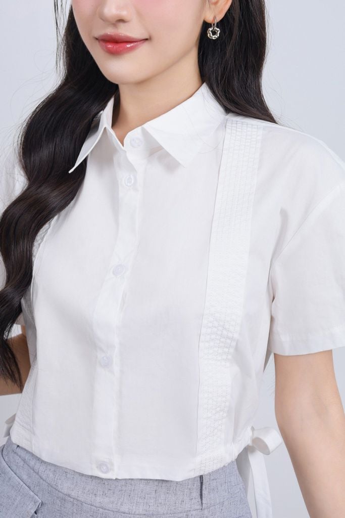 FAS34011 - Áo sơ mi vải thô kate dáng croptop cổ đức tay ngắn eo phối dây nơ thắt tạo kiểu - JAN.