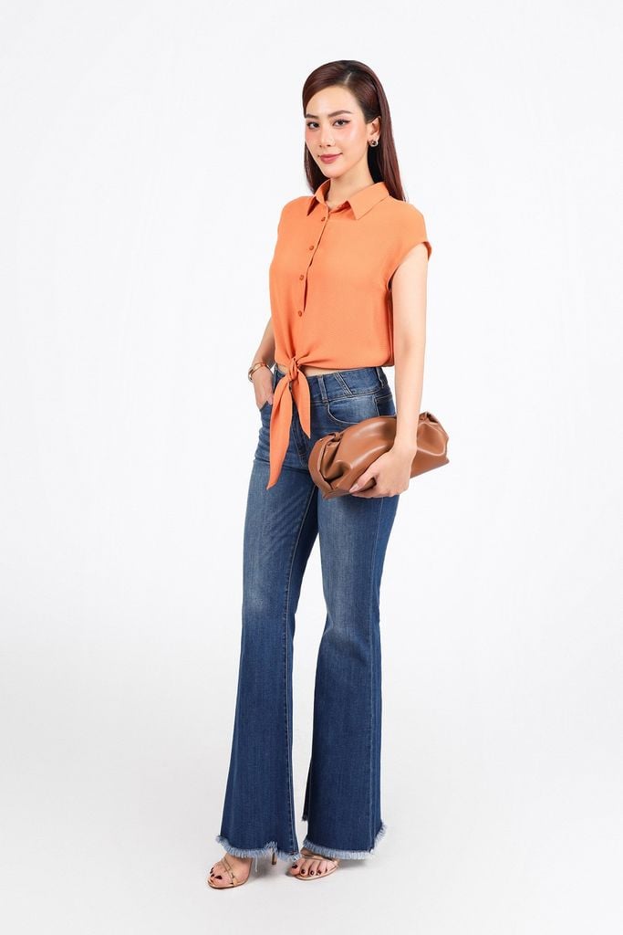 FAS34016 - Áo sơ mi công sở vải thô mỏng dáng croptop cổ đức tay chờm gấu phối vạt thắt eo tạo kiểu - PANTIO