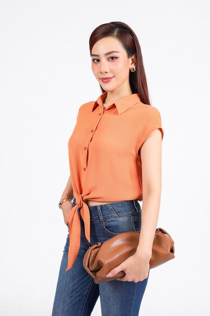 FAS34016 - Áo sơ mi công sở vải thô mỏng dáng croptop cổ đức tay chờm gấu phối vạt thắt eo tạo kiểu - PANTIO