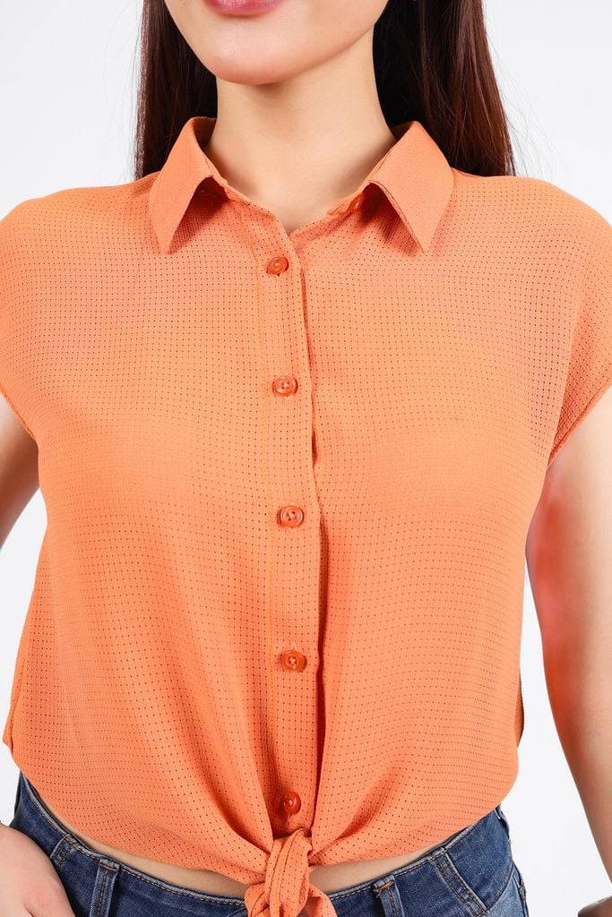 FAS34016 - Áo sơ mi công sở vải thô mỏng dáng croptop cổ đức tay chờm gấu phối vạt thắt eo tạo kiểu - PANTIO