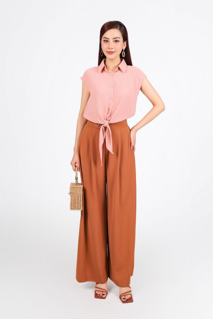 FAS34016 - Áo sơ mi công sở vải thô mỏng dáng croptop cổ đức tay chờm gấu phối vạt thắt eo tạo kiểu - PANTIO