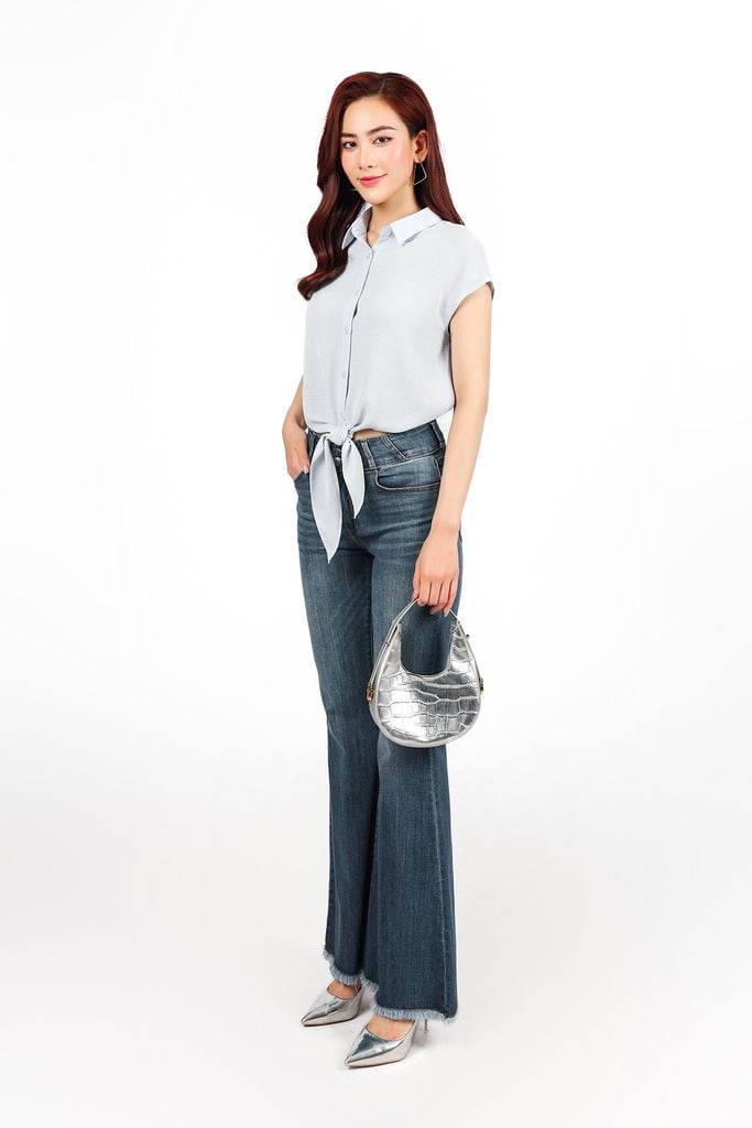 FAS34016 - Áo sơ mi công sở vải thô mỏng dáng croptop cổ đức tay chờm gấu phối vạt thắt eo tạo kiểu - PANTIO