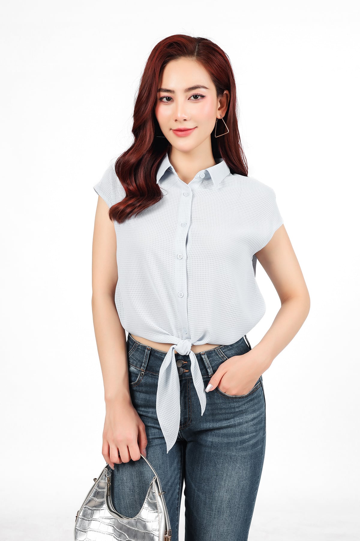FAS34016 - Áo sơ mi công sở vải thô mỏng dáng croptop cổ đức tay chờm gấu phối vạt thắt eo tạo kiểu - PANTIO