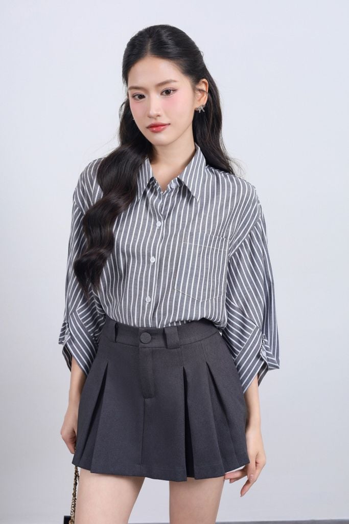 FAS34025 - Áo sơ mi vải thô kẻ dáng suông cổ đức tay cánh dơi thân áo có túi - JAN.