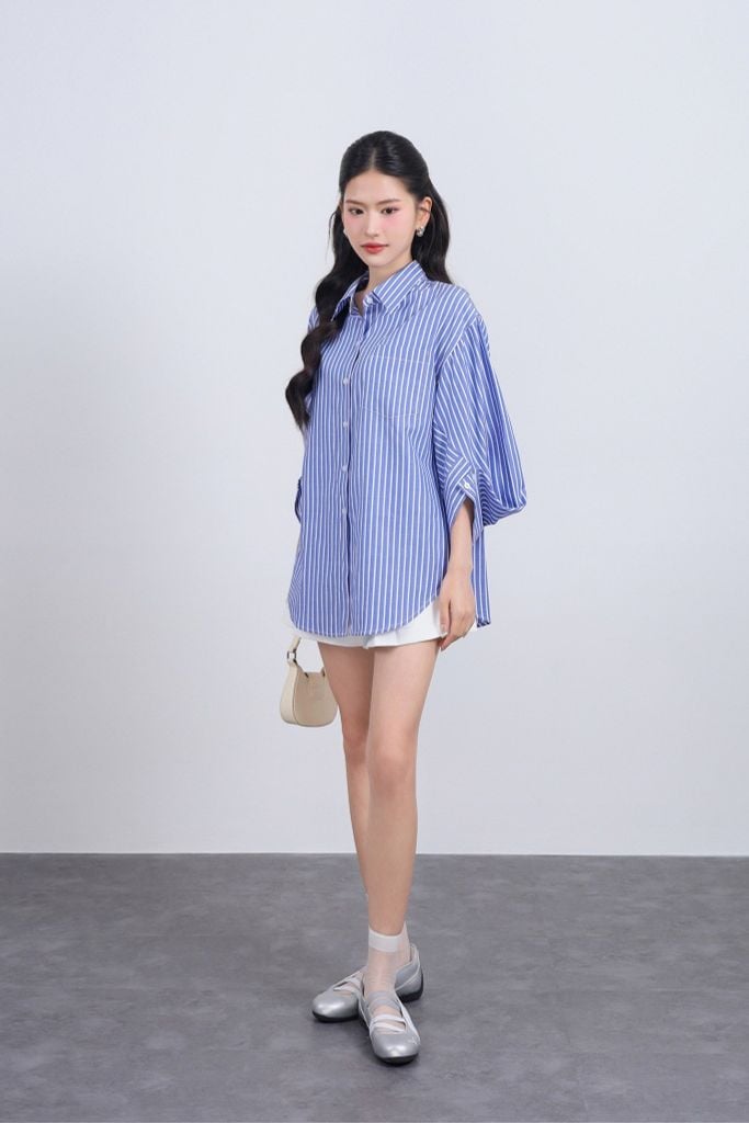 FAS34025 - Áo sơ mi vải thô kẻ dáng suông cổ đức tay cánh dơi thân áo có túi - JAN.