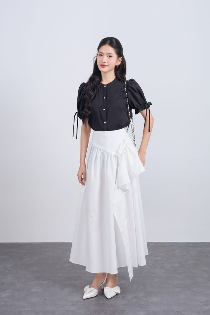 FJD31333 - Chân váy dài vải thô dáng A thân váy phối vạt tạo kiểu khoá thân sau - JAN.