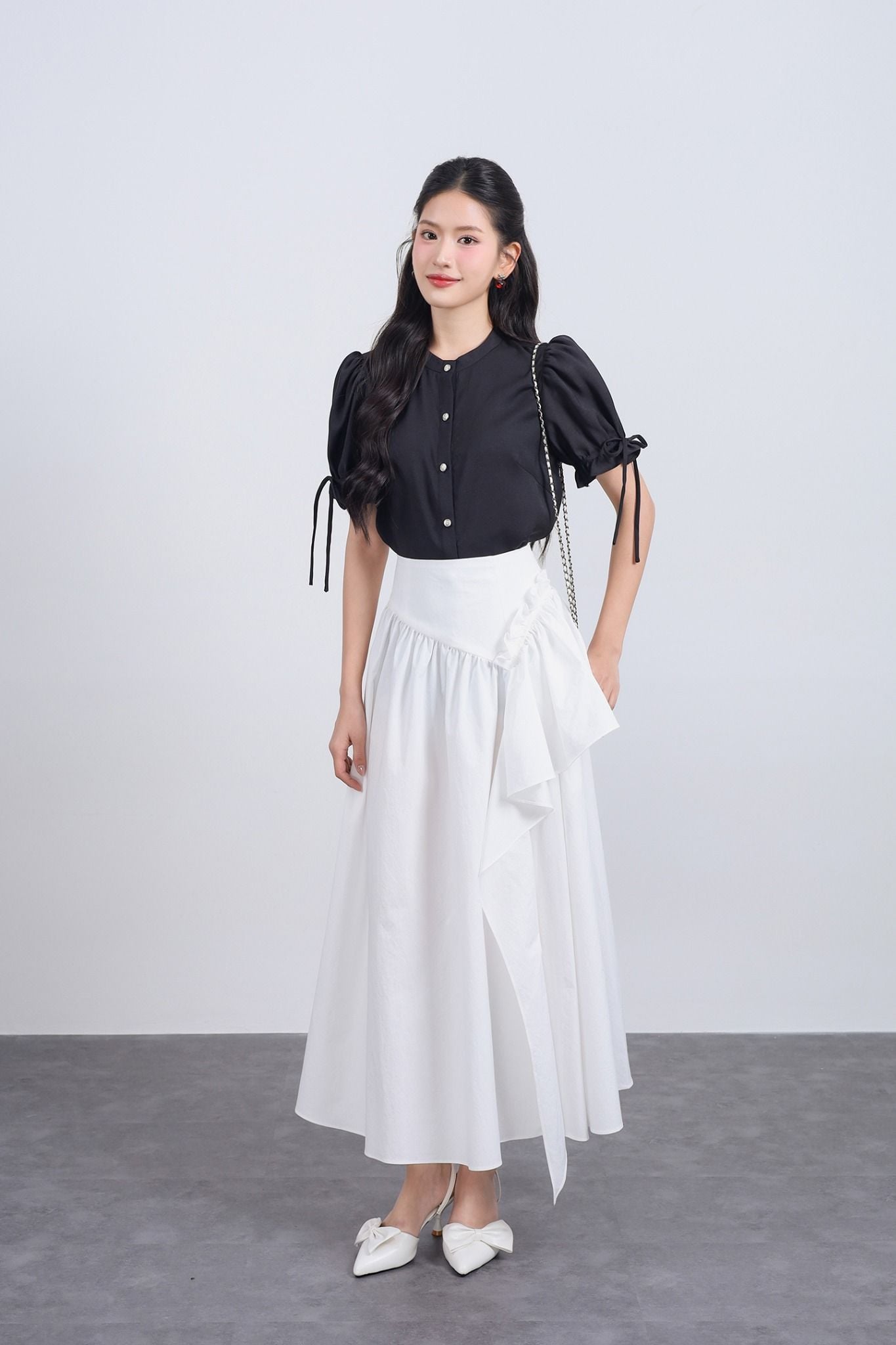 FJD31333 - Chân váy dài vải thô dáng A thân váy phối vạt tạo kiểu khoá thân sau - JAN.