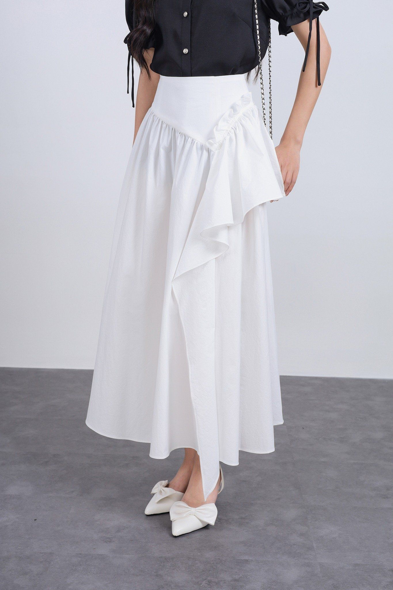 FJD31333 - Chân váy dài vải thô dáng A thân váy phối vạt tạo kiểu khoá thân sau - JAN.