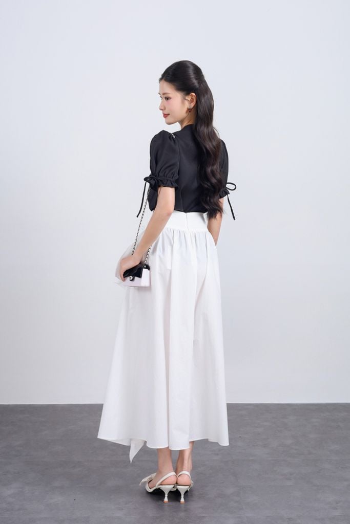 FAS34026 - Áo sơ mi vải tơ dáng suông cổ tròn tay bồng đính dây nơ tạo kiểu cài khuy thân trước - JAN.