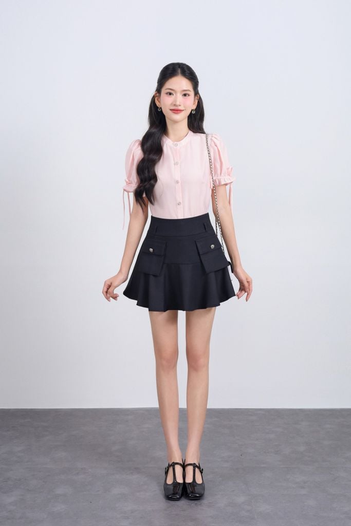 FAS34026 - Áo sơ mi vải tơ dáng suông cổ tròn tay bồng đính dây nơ tạo kiểu cài khuy thân trước - JAN.