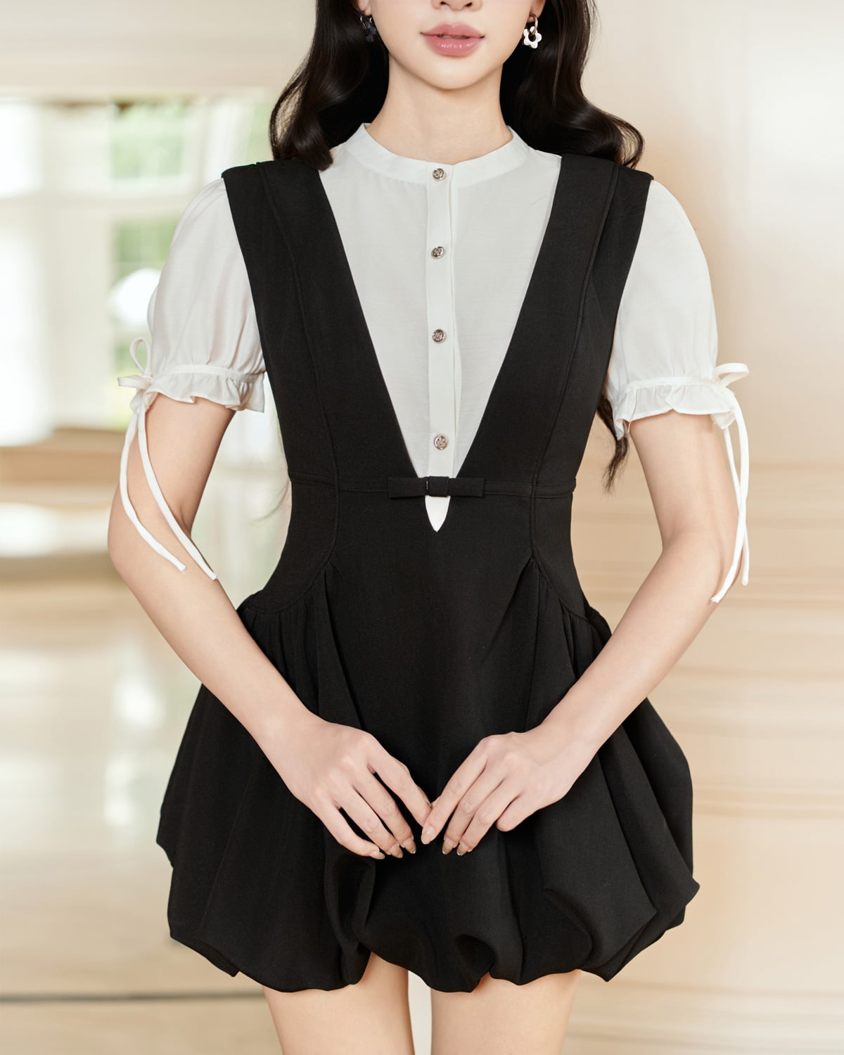 FDP33577 - Đầm công sở vải thô dày dáng ôm cổ xẻ V sâu không tay thân váy phồng bí thời trang - JAN.