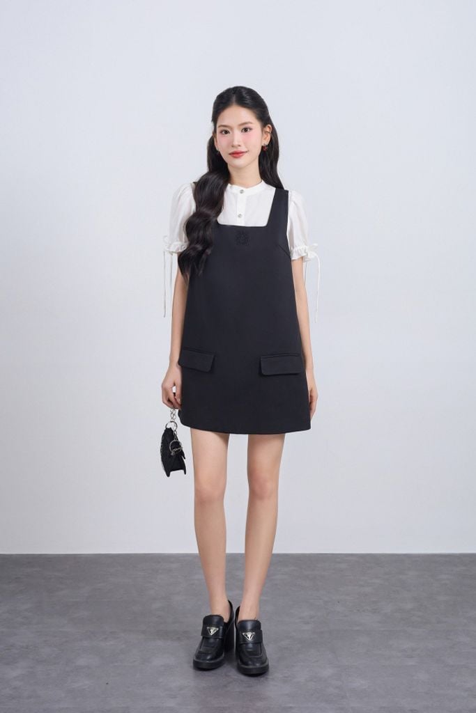 FAS34026 - Áo sơ mi vải tơ dáng suông cổ tròn tay bồng đính dây nơ tạo kiểu cài khuy thân trước - JAN.