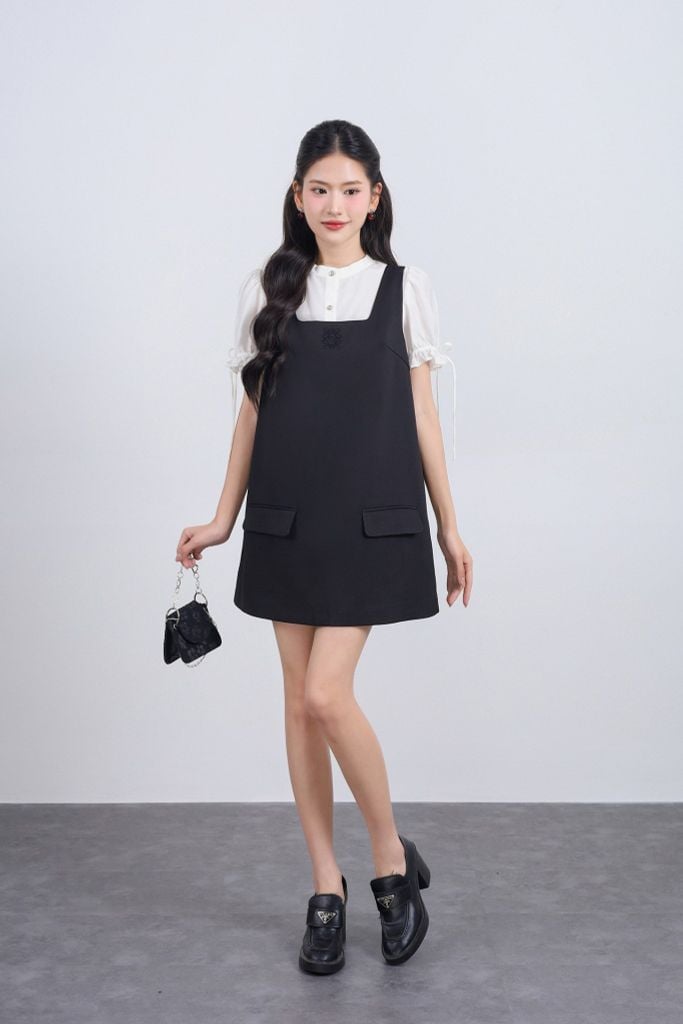 FAS34026 - Áo sơ mi vải tơ dáng suông cổ tròn tay bồng đính dây nơ tạo kiểu cài khuy thân trước - JAN.