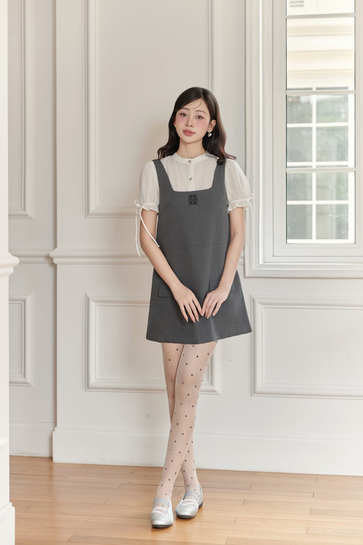 FDP33578 - Đầm dạo phố vải thô đũi dáng suông cổ vuông ngực áo thêu hoạ thân váy đính nắp túi ôp tạo kiểu - JAN.