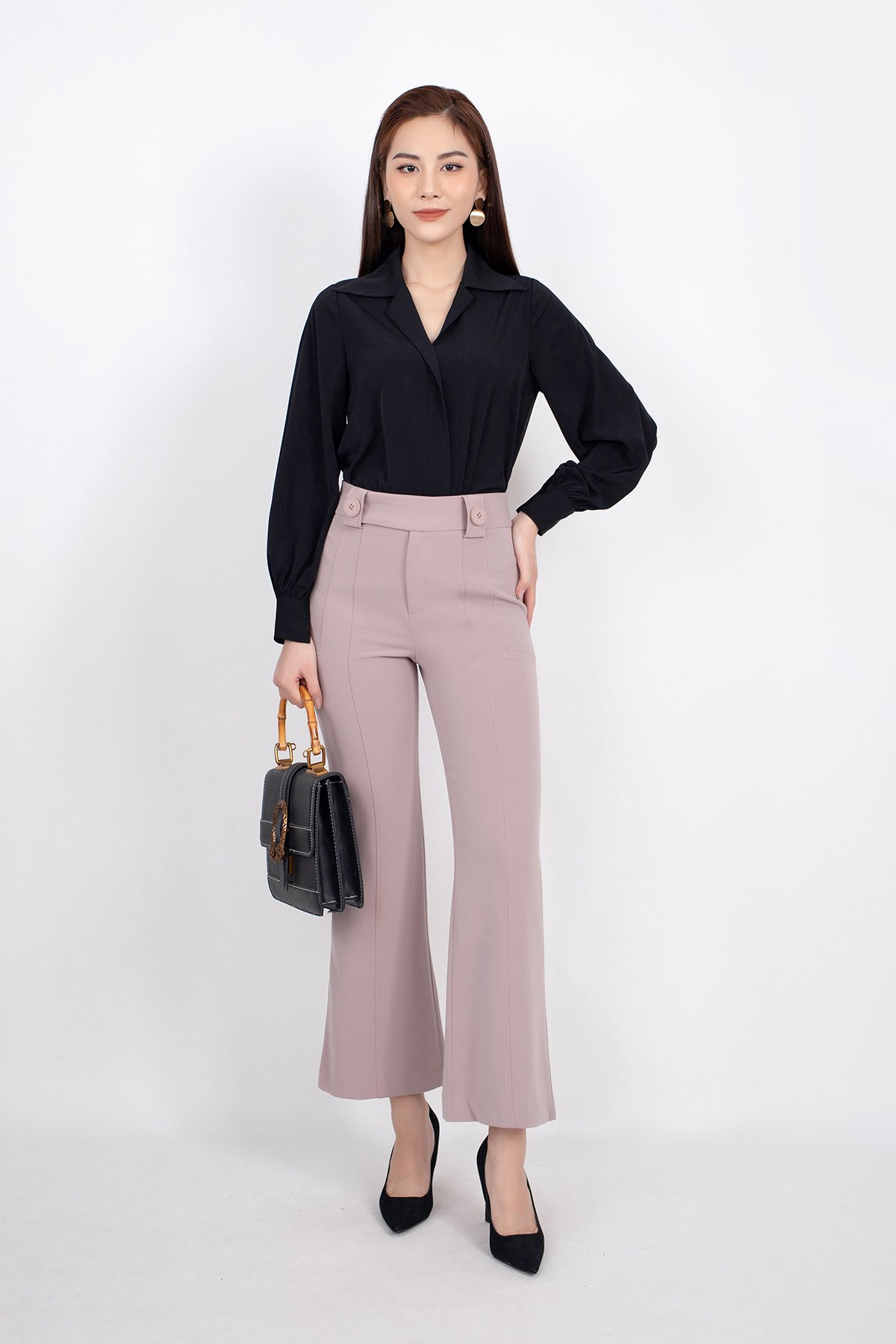 Kieu Trang FAS53595 - Áo kiểu công sở vải lụa dáng suông cổ V – Thời