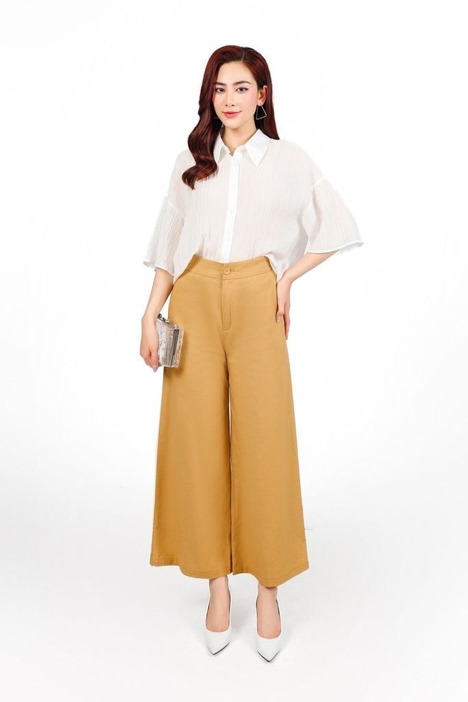 BQD33456 - Quần dài công sở vải linen dáng suông ống rộng lưng chun co giãn khóa thân trước - PANTIO