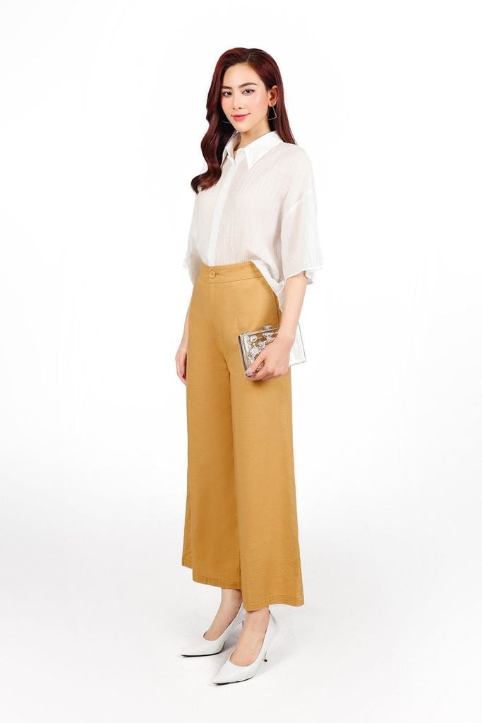 BQD33456 - Quần dài công sở vải linen dáng suông ống rộng lưng chun co giãn khóa thân trước - PANTIO