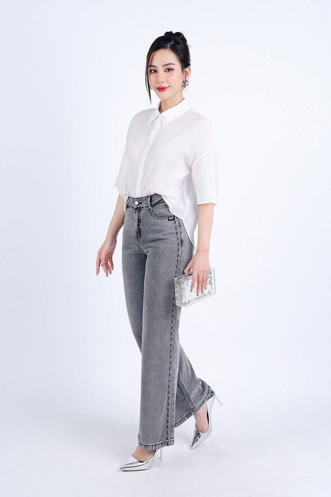 FQB164 - Quần Jean cao cấp vải Denim dáng suông phối hoạ tiết hai bên hông - PANTIO