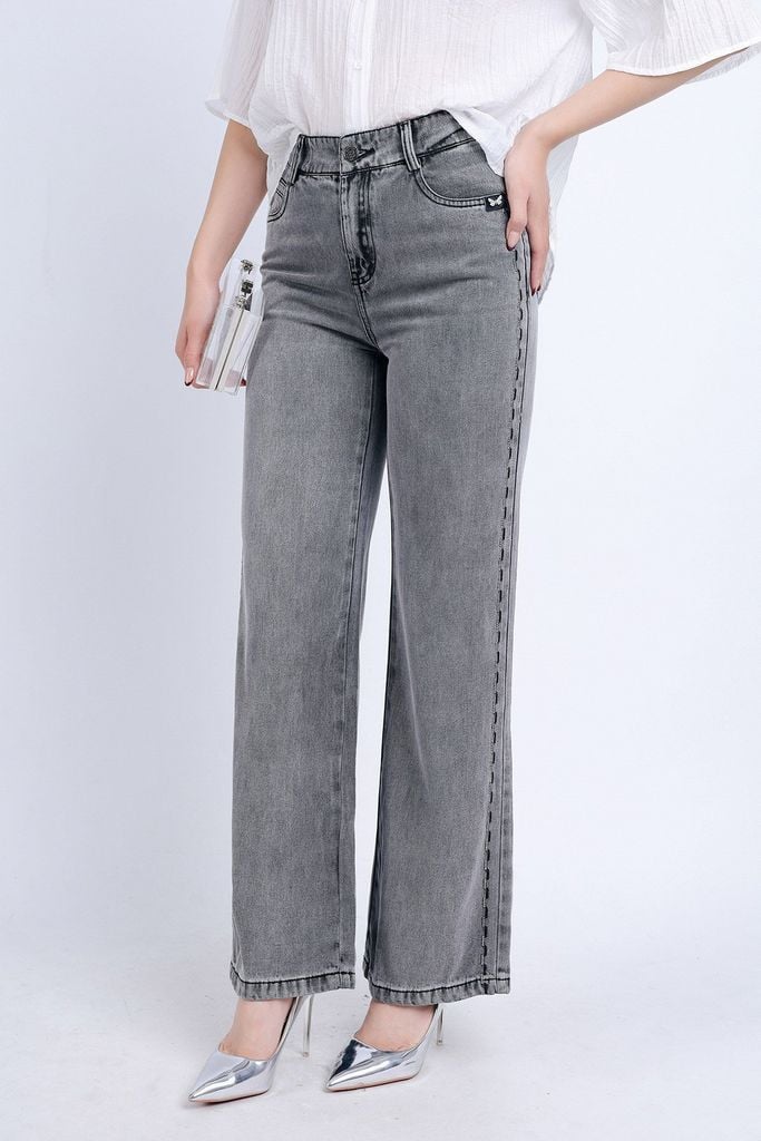 FQB164 - Quần Jean cao cấp vải Denim dáng suông phối hoạ tiết hai bên hông - PANTIO