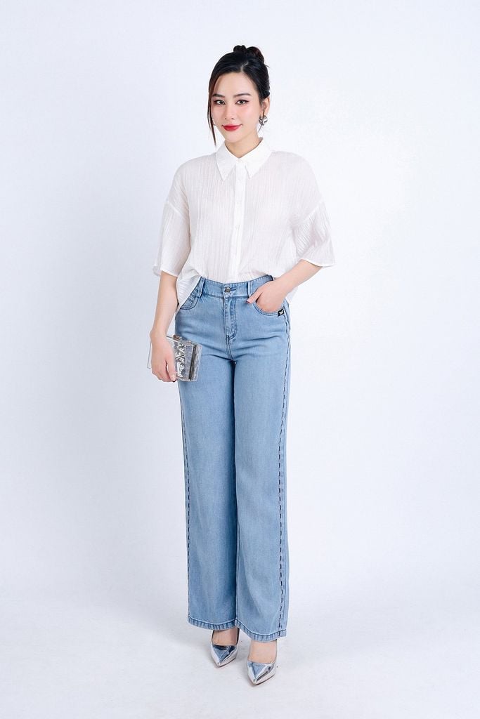 FQB164 - Quần Jean cao cấp vải Denim dáng suông phối hoạ tiết hai bên hông - PANTIO