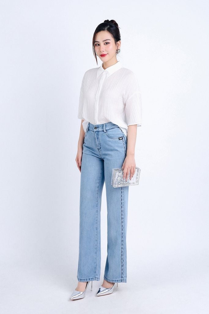 FQB164 - Quần Jean cao cấp vải Denim dáng suông phối hoạ tiết hai bên hông - PANTIO