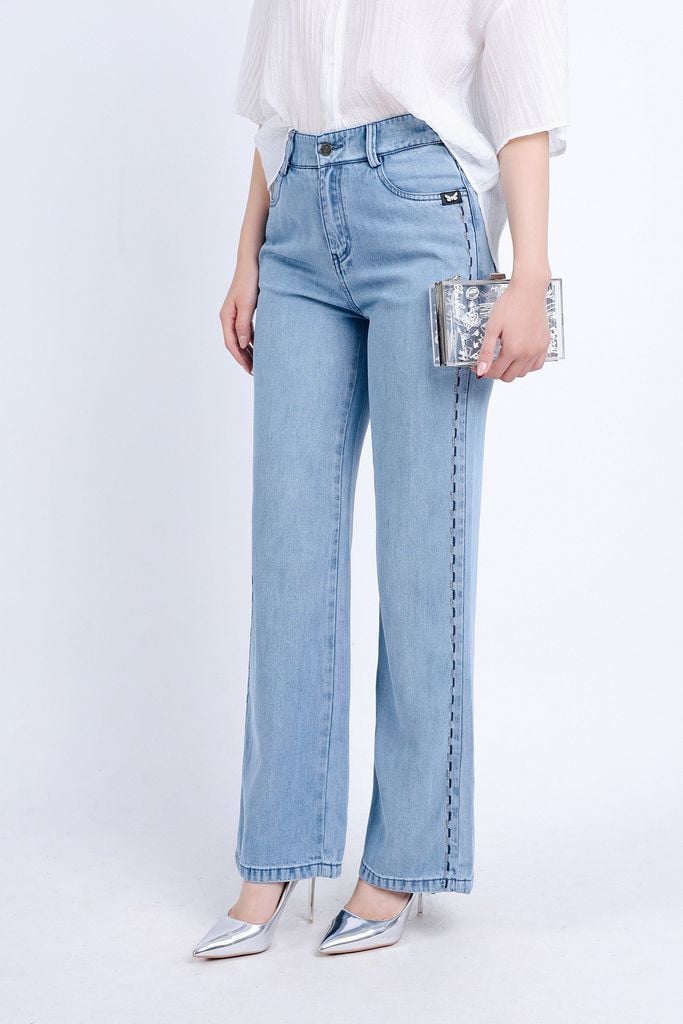 FQB164 - Quần Jean cao cấp vải Denim dáng suông phối hoạ tiết hai bên hông - PANTIO
