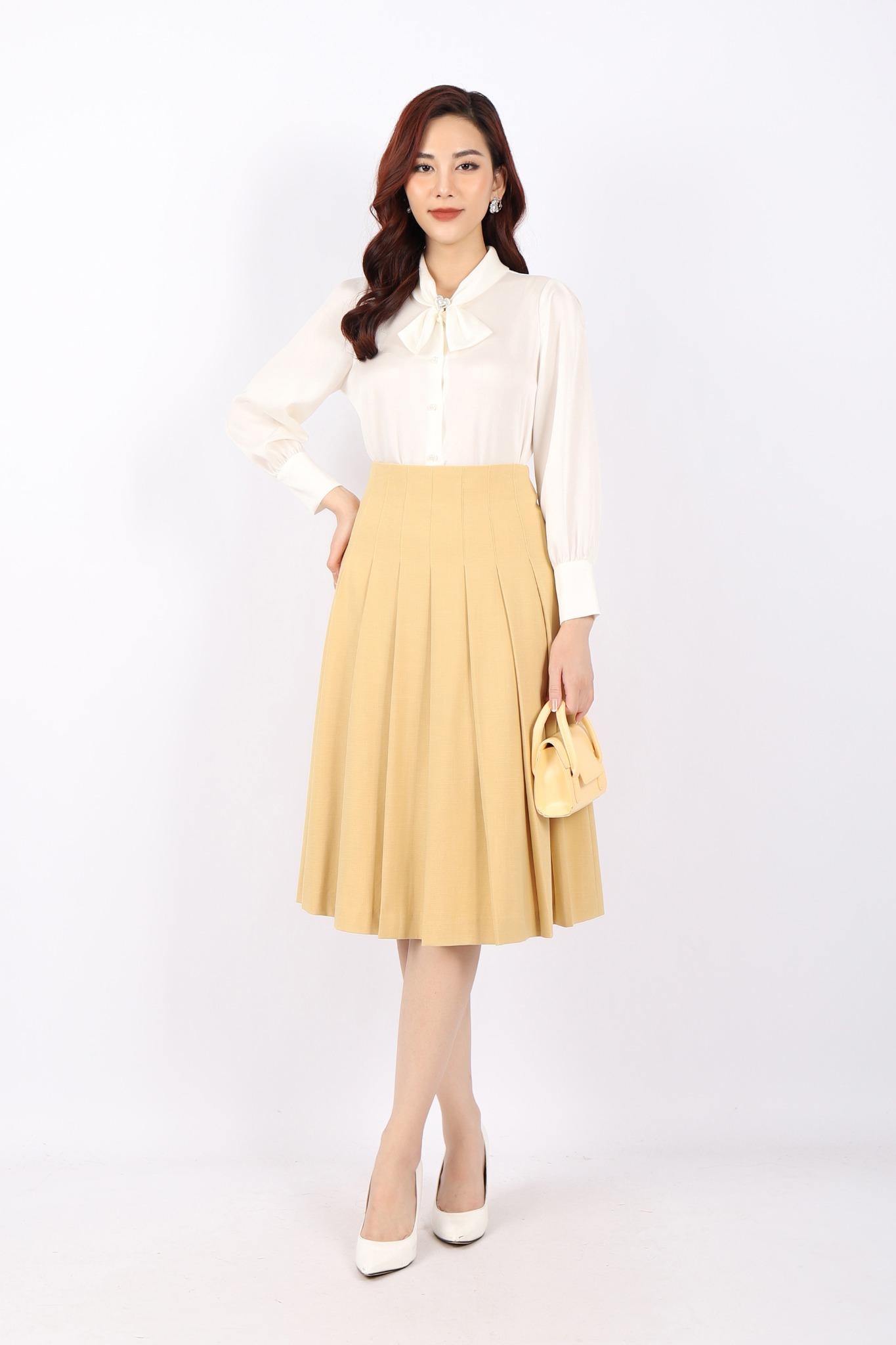 BJD32832 - Chân váy công sở vải tuytsi dáng Xoè cạp liền dập ly tạo kiểu khóa thân sau - PANTIO