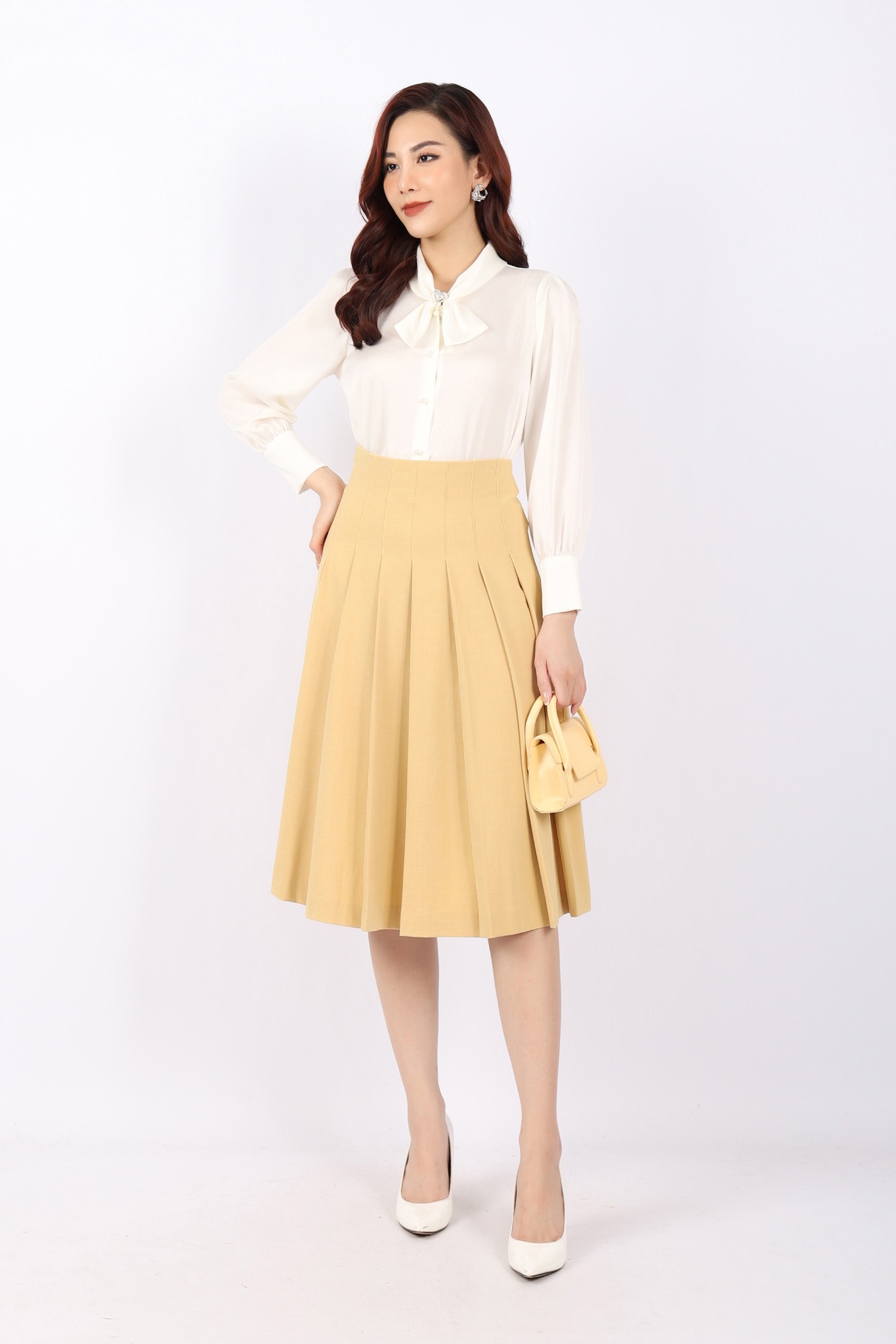 BJD32832 - Chân váy công sở vải tuytsi dáng Xoè cạp liền dập ly tạo kiểu khóa thân sau - PANTIO