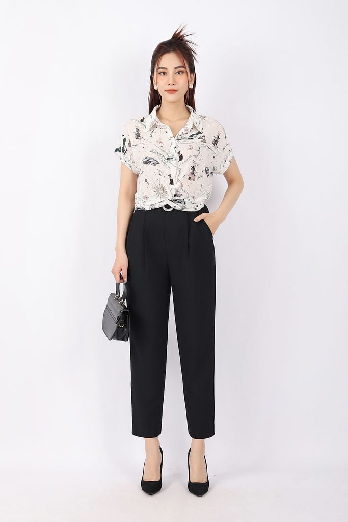 FAS53561 - Áo kiểu công sở vải chiffon dáng suông cạp xoắn tạo kiểu cổ đức vai chờm tay liền - PANTIO