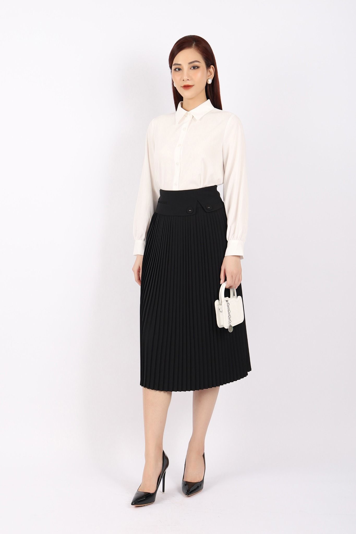 FJD51099 - Chân váy công sở vải tuytsi dáng Xoè dập ly có lót vải habutai cạp phối khuy tạo kiểu khóa thân sau - PANTIO