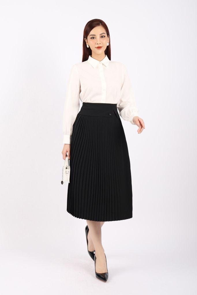 FJD51099 - Chân váy công sở vải tuytsi dáng Xoè dập ly có lót vải habutai cạp phối khuy tạo kiểu khóa thân sau - PANTIO