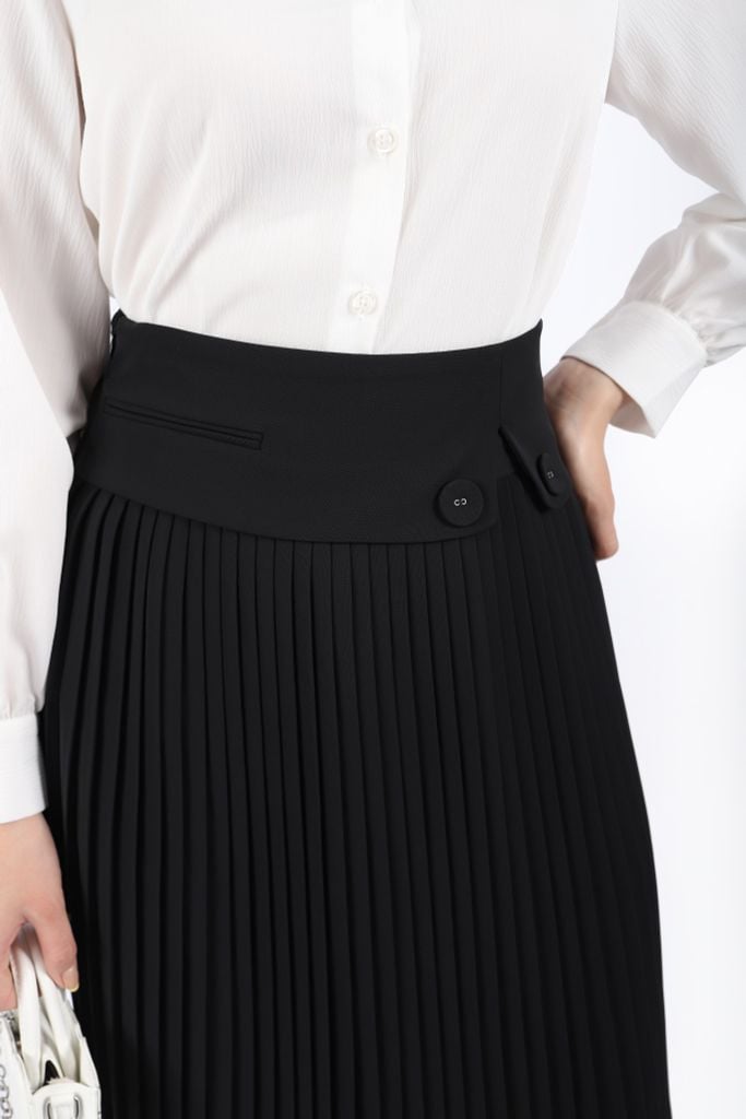 FJD51099 - Chân váy công sở vải tuytsi dáng Xoè dập ly có lót vải habutai cạp phối khuy tạo kiểu khóa thân sau - PANTIO