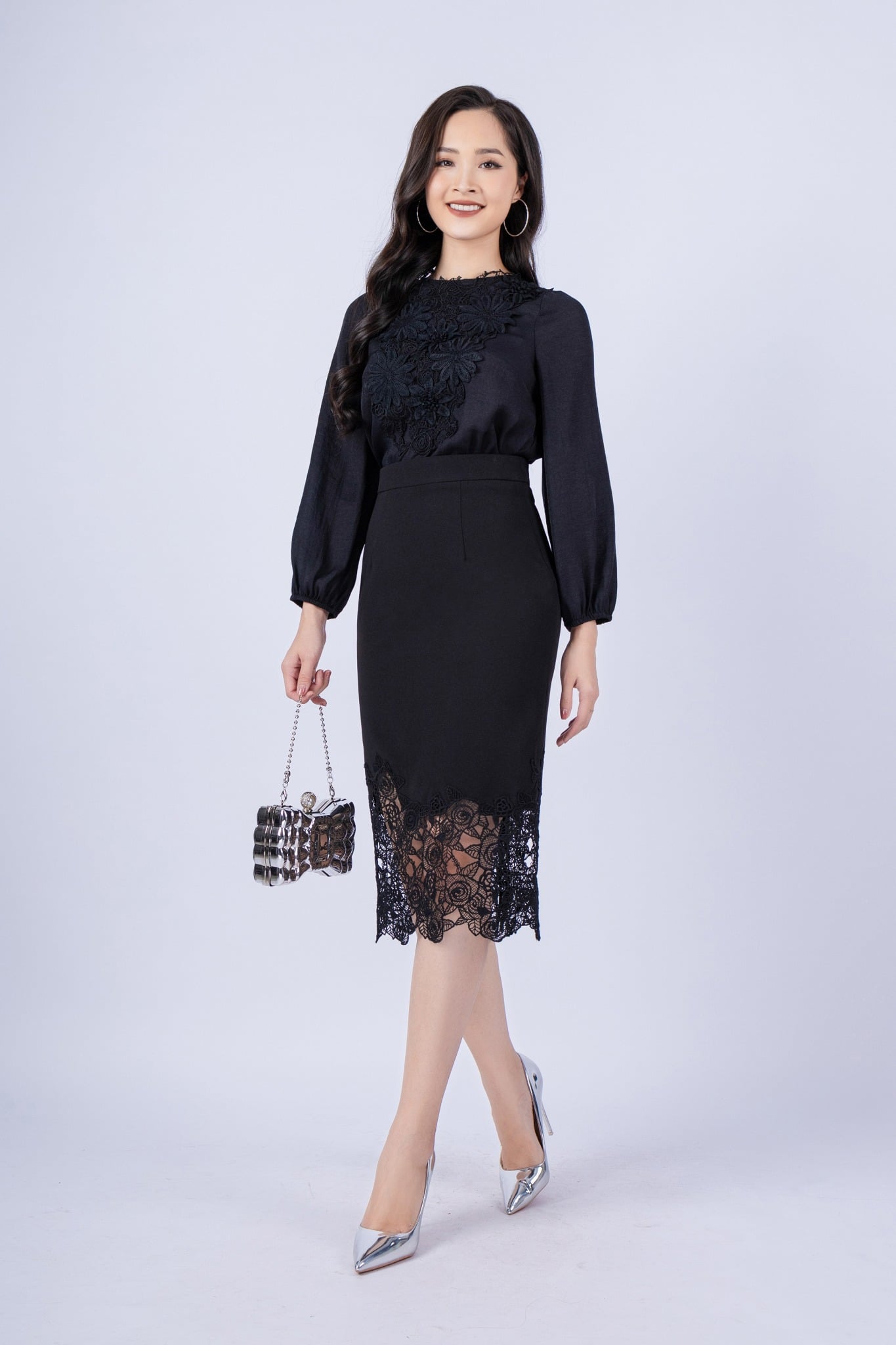 FJD51105 - Chân váy công sở vải thô dày dáng bút chì chân phối ren tạo kiểu - PANTIO