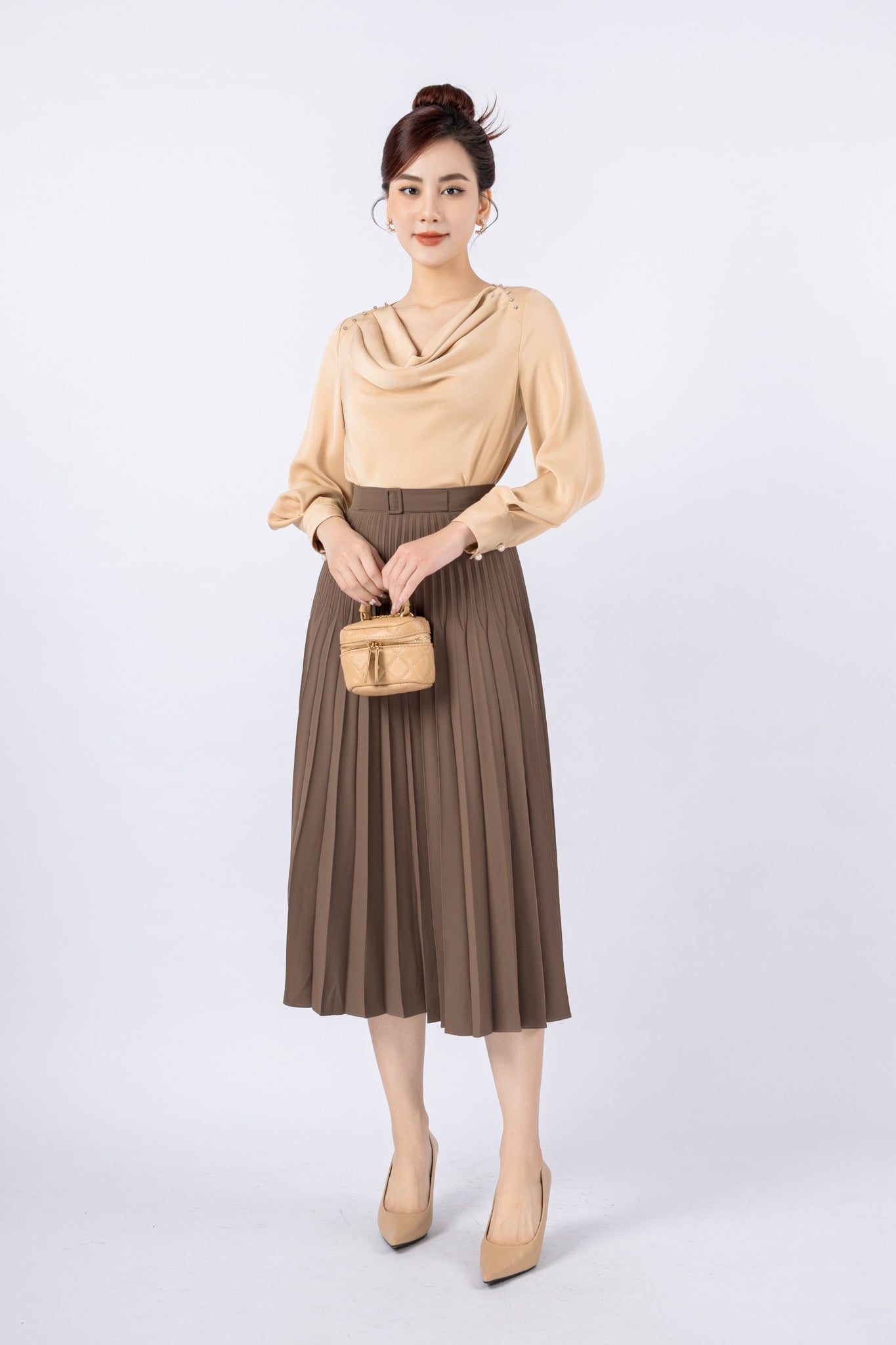 BJD72884 - Chân váy công sở vải tuytsi dáng Xoè rập ly vải habutai cạp phối mặt đai thắt lưng tạo kiểu khóa thân sau - PANTIO